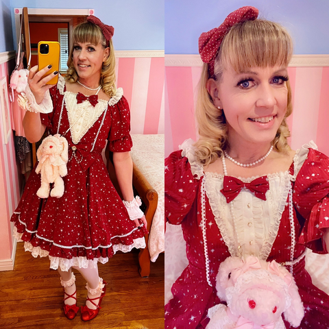 Chrissy wearing “MidsummerMilky Way,” a red lolita dress, with a pink bunny purse.