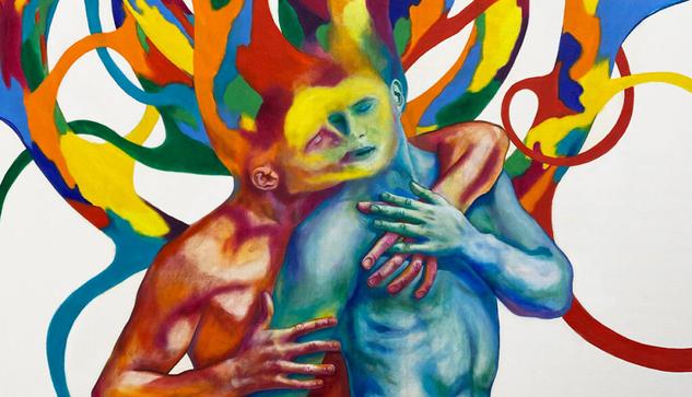 A white backdrop with two males figures, red and blue, embracing and becoming multiple colors together