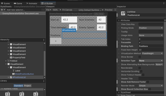 The Unity UI Builder opened on the customized property drawer template, with a binding