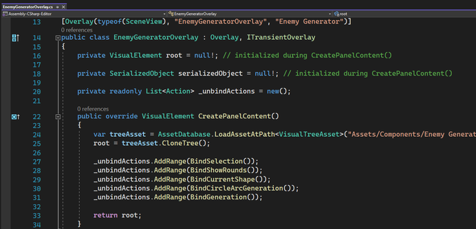 A piece of code showing the binding actions for the various elements of the overlay