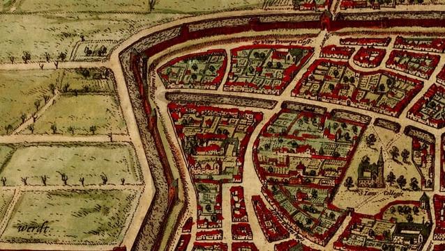 Detail of a 16th century city map of Utrecht by Braun and Hogenberg that shows part of the city walls.
