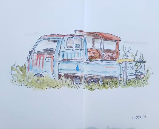 A sketch of two derelict vehicles
 A Daihatsu and the cab of a LandCruiser