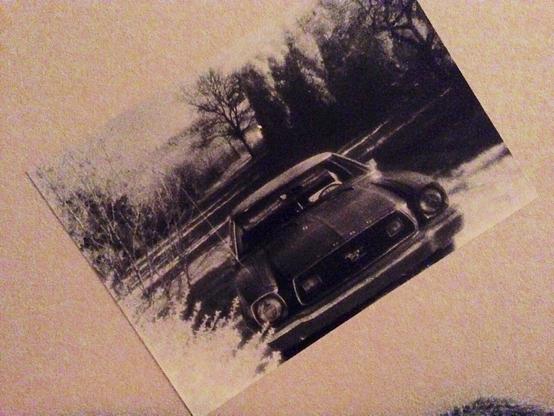 Black and white solarized photograph of a 1975 ford mustang II parked on a lawn with a tree border