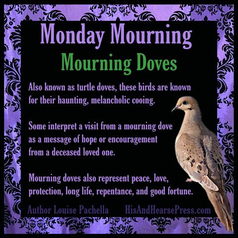 A black background with a purple damask border and text overlaid reading, "Monday Mourning: Mourning Doves. Also known as turtle doves, these birds are known for their haunting, melancholic cooing. Some interpret a visit from a mourning dove as a message of hope or encouragement from a deceased loved one. Mourning doves also represent peace, love, protection, long life, repentance, and good fortune." There is a photo of a light brown bird.
