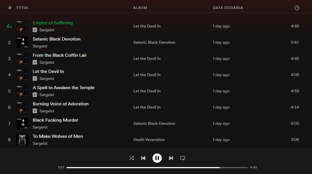 Playlista na Spotify zawierająca utwory zespołu Sargeist, w tym "Empire of Suffering", "Satanic Black Devotion", "From the Black Coffin Lair" itd.