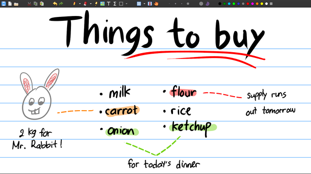 Capture of a Xournal++ window with handwritten notes on "Things to buy" for the rabbit mostly ;)
