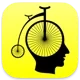 Circa 1800s large front wheel bicycle with large wheel overlaid on a person's head all on a yellow background.
