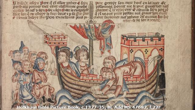 Christ with fishermen in a boat with two castles and a single mast with a square sail, furled. An illumination from the Holkham Bible Picture Book, c.1327-35. BL Add MS 47682, f.22r.