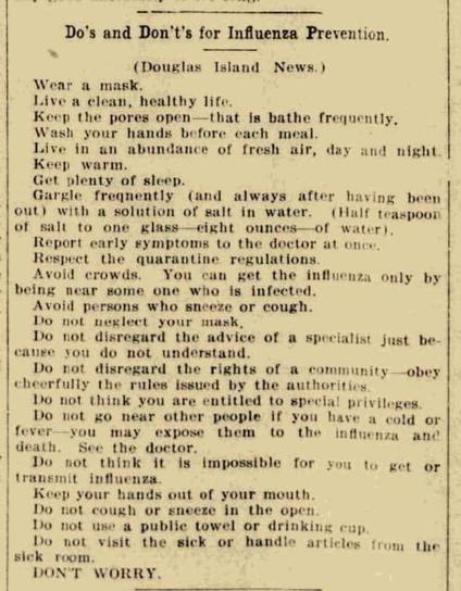 Newspaper article from 1918 sharing proper health info and chastising people for fighting medical expertise as if they know better.