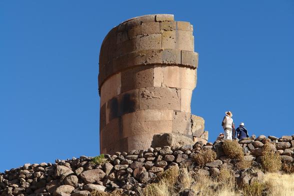 Sillustani chullpa, circular stone burial tower near Puno, Peru.