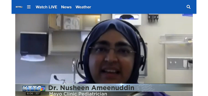 Dr. Nusheen Ameenuddin, Mayo Clinic Pediatrician in her office during a news interview about medication shortages during the triple pandemic