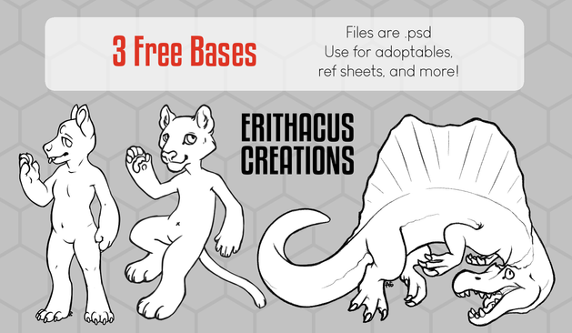 A greyscale image depicts an an anthro canine, an anthro feline, and a spinosaurus in a toony style with black outlines. Red text at the top reads "3 Free bases." Adjacent dark text reads "Files are .psd. Use for adoptables, ref sheets, and more!"