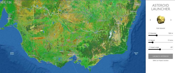 Map selection for the Asteroid Launcher site showing SE Australia and the tools to select type of asteroid, speed, angle etc