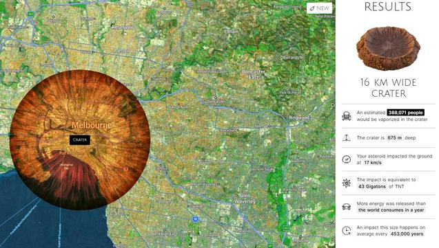 The size of the resulting crater, estimated deaths, relative frequency of such an impact and other effects are shown