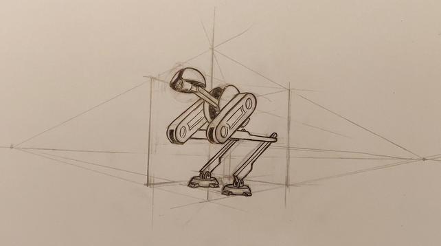 A pen drawing of a two legged robot as part of an exercise on perspective.