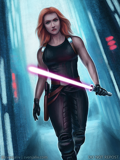 A red-haired woman in a form-fitting black suit, carrying a magenta lightsaber.