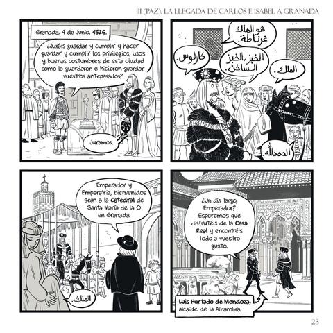 Página de adelanto de la novela gráfica La Granada de Carlos V de Josema Cordón. En ella Carlos V e Isabel llegan a Granada, una ciudad que en 1526 aun conservaba la cultura andalusí.
