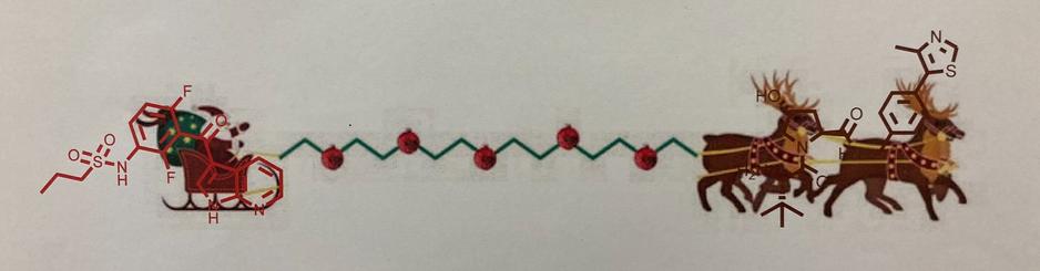A heterobifuncational PROTAC degrader molecule overlaid with an image of Santa and reindeer