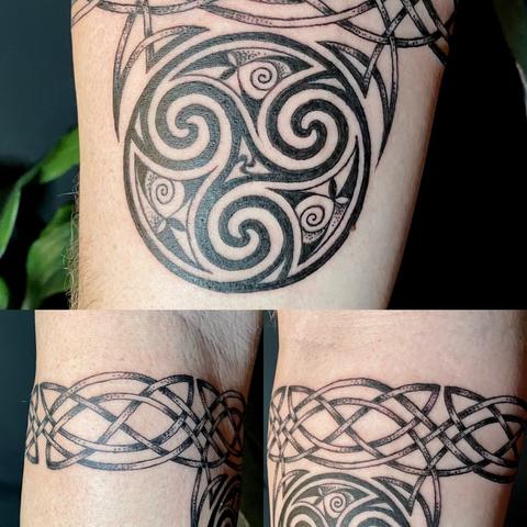 Three close up views of the same tattoo showing the central disk and Triskelion, and two views of the knotwork band.