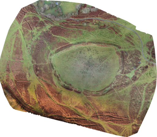 An aerial view, composed from 540+ drone photos of Nordy Bank Hillfort in Shropshire UK, the 'ramparts' and 'ditches' can clearly be seen.