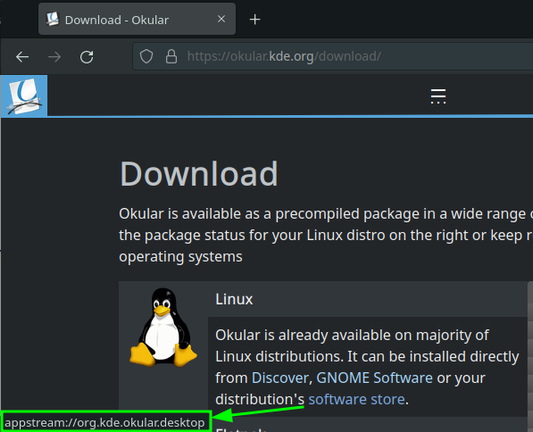 Hyperlink with "appstream" protocol opens supposed software center on your desktop.