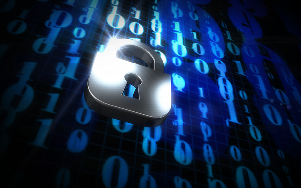 silver padlock with background of blue binary code