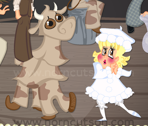 "Because everything in Life
that truly matters Is right here
What care I
for tinsel
or glamor?
When I have Friendship and True Love
I’m staying here...
...with Caroline!!!!"

Caroline The Cow (Louise in a cow costume) dances with Dainty June as she recites her dramatic finish!