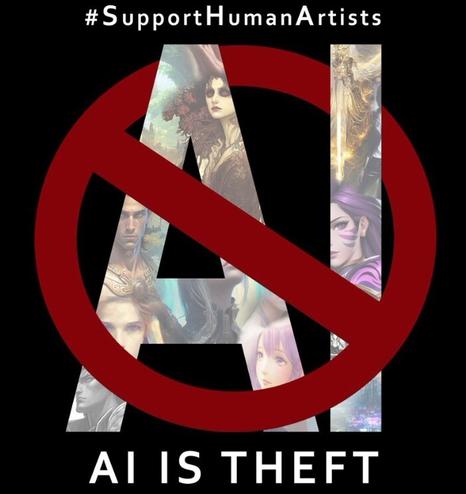 Please SUPPORT #realartists #humanart #humanartists Artificial Intelligence or AI creates images called “art” on the backs of artists being exploited. AI generators are currently scraping the web for art and using it in datasets. No artist gave consent to have their art used this way. We were not compensated.  It's THEFT pure and simple.  So many of us spent decades learning and working on our craft.  We sacrificed time and hard earned money to do what we do. #art #mastoart #fediart #mastadonart