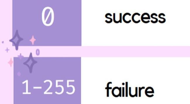 a snippet of table infographic.  the first row reads 0, success. the second reads 1-255, failure.  the graphic uses soft pink and purple colors.