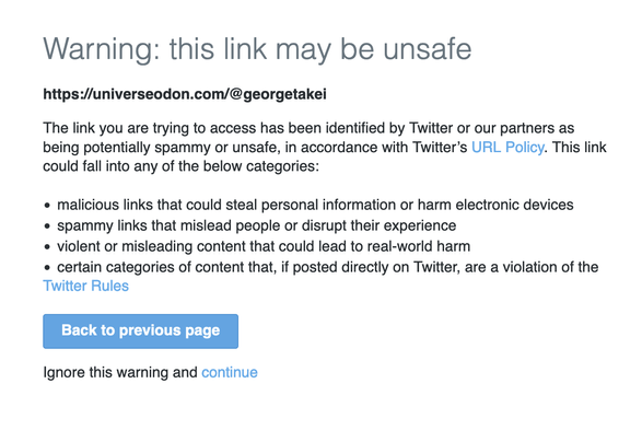 Screenshot of Twitter, saying "Warning: this link may be unsafe" when linking from Twitter to Mastodon.