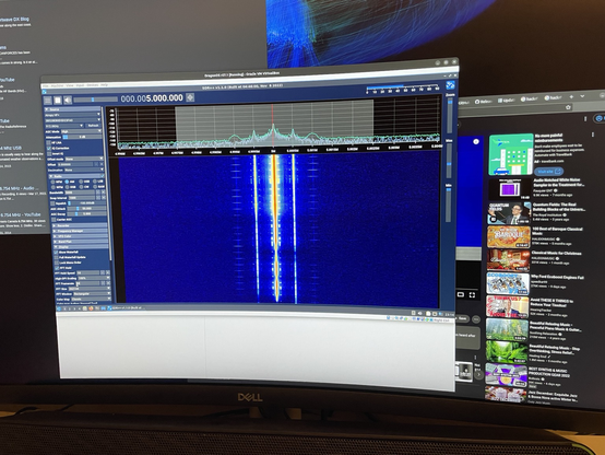 A photo of my screen (see post above) showing an FFT and waterfall at 5.000MHz, showing WWV, a shortwave radio station broadcasting the time by voice and BCD (amongst many other nerdy things).