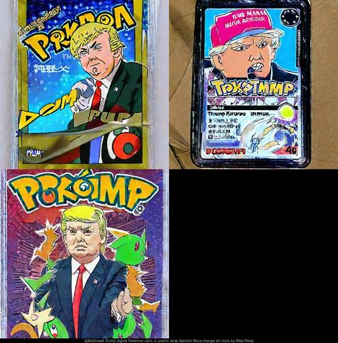 AI drawing of "Trump digital Pokemon card, in plastic wrap Kentaro Niura manga art style by Mike Ploog"

#cardgame #tradingcard #Pokemon #plasticwrap #Nintendo #anime #DonaldTrump #politics #AIArt #DigitalArt #StableDiffusion2 #ExperimentalExtra
context: https://imgur.com/gallery/go8dxqH/comment/2290743521