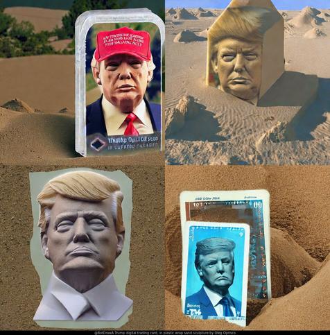 AI drawing of "Trump digital trading card, in plastic wrap sand sculpture by Oleg Oprisco"

#sandsculpture #sports #sculpture #tradingcard #plasticwrap #DonaldTrump #politics #AIArt #DigitalArt #StableDiffusion2 #ExperimentalExtra
context: https://imgur.com/gallery/go8dxqH/comment/2290743521