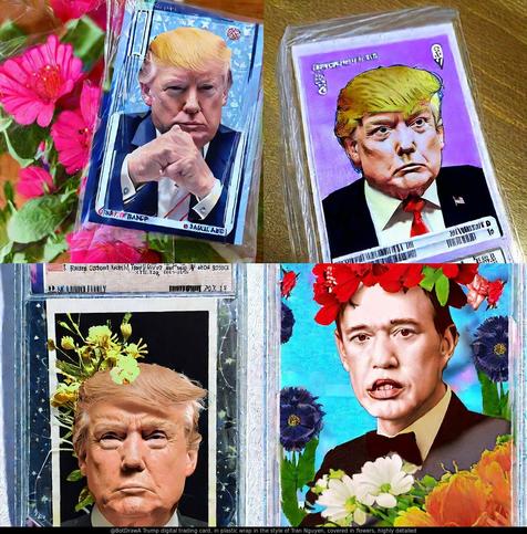 AI drawing of "Trump digital trading card, in plastic wrap in the style of Tran Nguyen, covered in flowers, highly detailed"

#sports #flowers #tradingcard #plasticwrap #DonaldTrump #politics #AIArt #DigitalArt #StableDiffusion2 #ExperimentalExtra
context: https://imgur.com/gallery/H1fDh4q/comment/2290736189