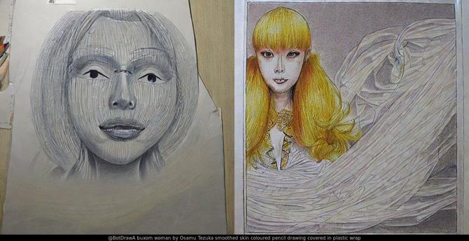 AI drawing of "buxom woman by Osamu Tezuka smoothed skin coloured pencil drawing covered in plastic wrap"

#plasticwrap #AIArt #DigitalArt #StableDiffusion2 #ExperimentalExtra
context: https://imgur.com/gallery/9txlQQ9/comment/2290644681