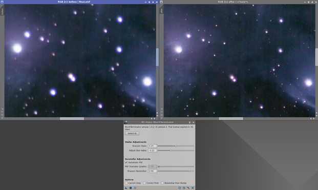 M45 before and after applying BlurXTerminator process in PixInsight.
