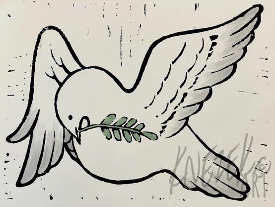 A linoleum block print of a stylized flying dove. Its head is tucked to its breast, and it holds a simple olive branch in its beak. One wing is extended up and the other is folded in front of its head.