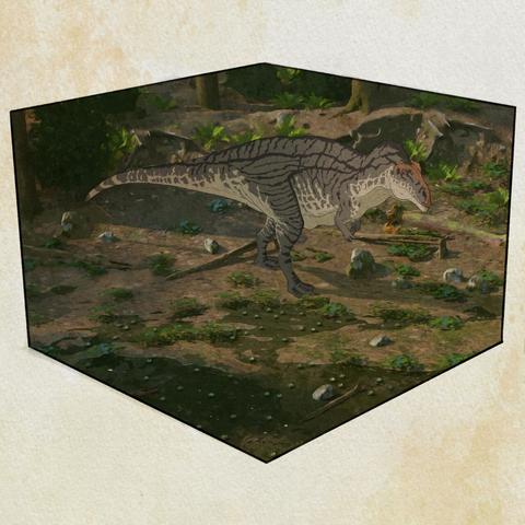 Digital painting. An acrocanthosaurus walking in a forest