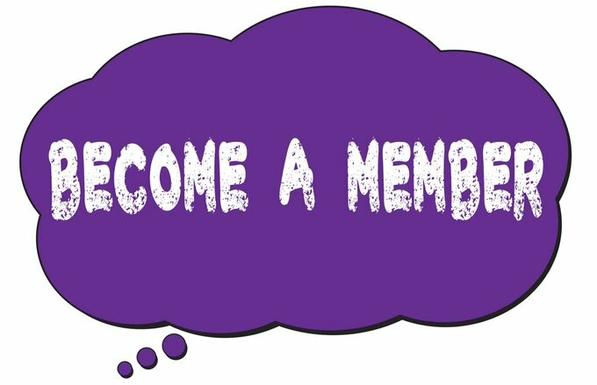 a purple cloud speech bubble with white text reading "become a member".