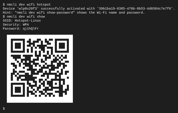 Screenshot from Linux terminal demonstrating creation of Wi-Fi hot-spot with commands: "nmcli dev wifi hotspot" and "nmcli dev wifi show"
