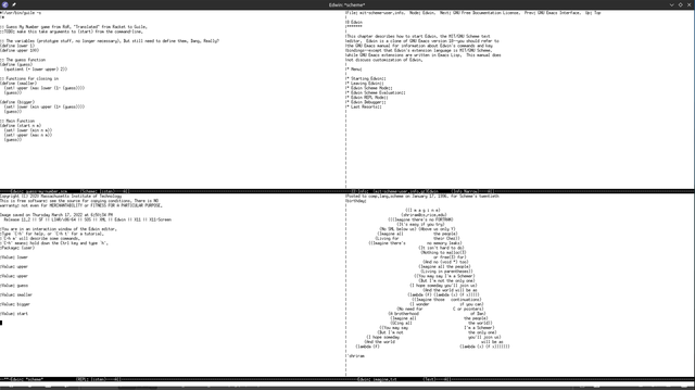 A screenshot of Edwin, the Emacs-like editor integrated in MIT-Scheme, in its GUI variation. The editor frame includes a number of windows, showing a Scheme buffer/listener, a Scheme file, an ASCII-art lambda attributed to Shriram Krishnamurti, and an Info reader.