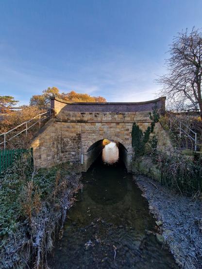 Photograph of small yellow brick railway bridge over stream. Top half is blue sky with streaky white clouds just over the bridge, the rest clear. There is a tree on the right of the bridge growing up from the embankment. The stream runs from the bottom of the photo through the archway and tunnel under the bridge. Sunlight streams through from the other side of the tunnel.