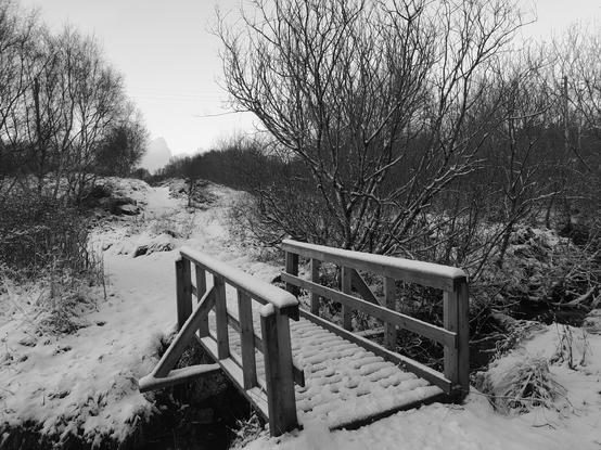 A black and white photo of a snowy footbridge