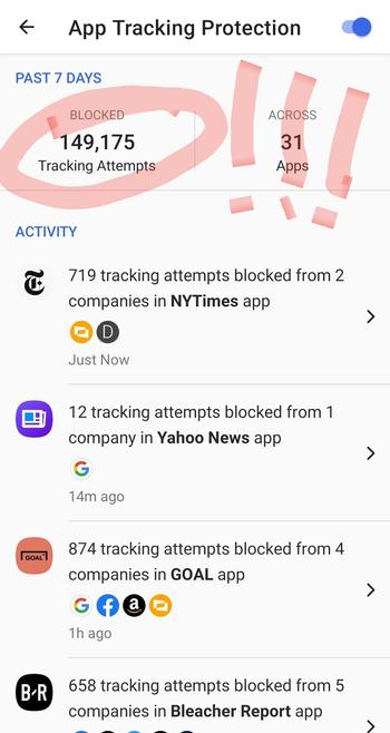 Screenshot of the Duck Duck Go phone browser's App Tracking Protection feature that shows it blocked nearly 150,000 tracking attempts in 7 days