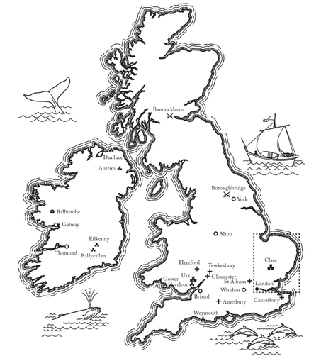 Map of the British Isles, showing Clare Castle in Suffolk, & a ship under sail arriving with barrels stacked in the stern.