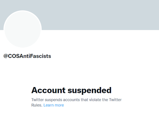 A screenshot of the Twitter "Account suspended" screen on the @COSAntiFascists account