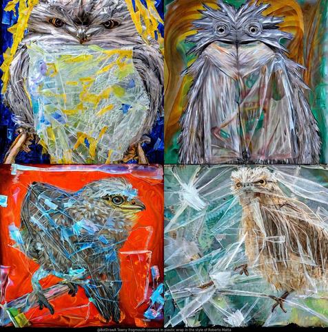 AI drawing of "Tawny frogmouth covered in plastic wrap in the style of Roberto Matta"

#plasticwrap #frog #animals #AIArt #DigitalArt #StableDiffusion2 #ExperimentalExtra
context: https://imgur.com/gallery/E8jiML2/comment/2291172817