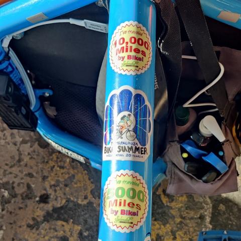 New sticker "I've traveled 5,000 miles by bike" added to the the old "I've traveled 10,000 miles by bike" makes it 15,000 miles!