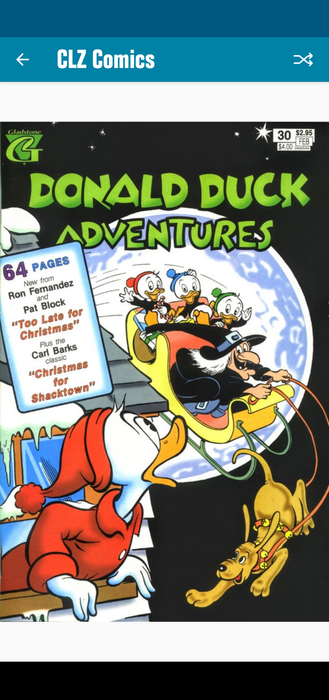 Donald Duck in red pajamas looks up from out of his window and sees Santa's sleigh riding over his house under a full moon. The sleigh is being led not by Rudolph or other reindeers but by Pluto the dog. His nephews Huey, Dewey and Louie are in the back of the sleigh. In front holding the reins to Pluto is not Santa Claus but a witch dressed in black.