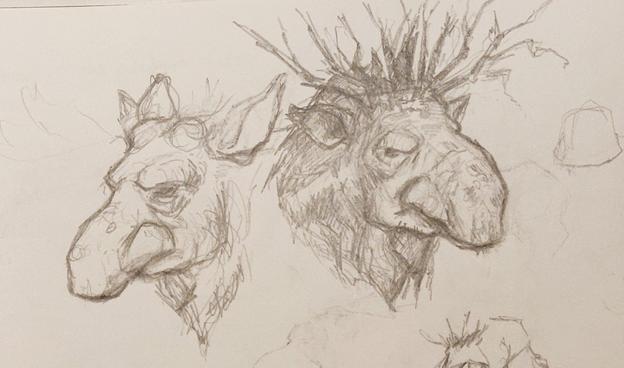 Pencil sketches of troll heads with large noses that look like moose heads.